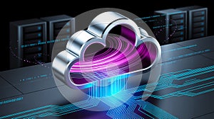 3D cloud computing icon floats in dark, futuristic tech environment