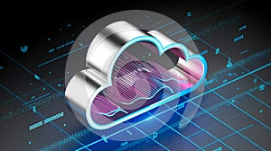 3D cloud computing icon floats in dark, futuristic tech environment
