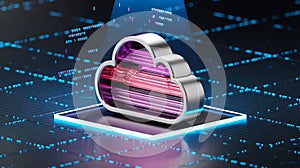 3D cloud computing icon floats in dark, futuristic tech environment