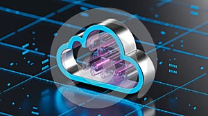 3D cloud computing icon floats in dark, futuristic tech environment