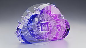 3D cloud computing icon with circuit board patterns and database symbol technology