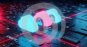 3D cloud icons with data visualizations, representing cloud computing and technology services,