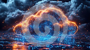 3D cloud made of circuit board, binary code rain flowing from the clouds, glowing blue light on a black background