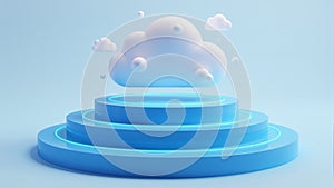 3D Cloud On Podium, Blue Background