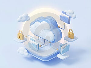 3D cloud storage concept with security locks and data folders