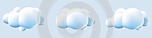 3d clouds set isolated background. Render soft round cartoon fluffy clouds icons. 3d geometric shapes. Various cartoon soft cloud