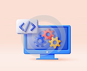 3d code icon and gear cogwheel in computer