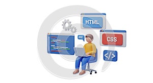 3D Coder Working on Laptop with HTML, CSS, and Code Windows