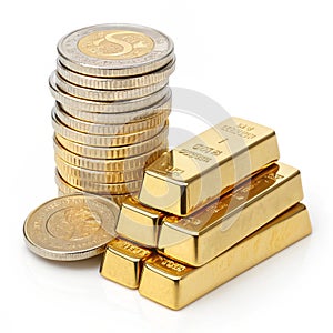 3D coins and gold bars stack isolated on transparent background