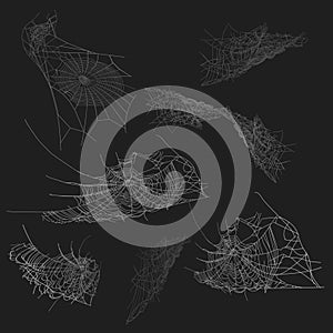 3D Collection of Cobweb, isolated on black, transparent background. Spiderweb for Halloween design. Spider web elements,spooky,