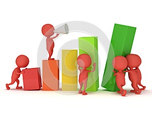 3D colored bar graph with team of red people