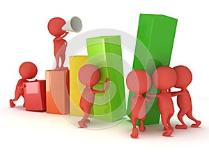 3D colored bar graph with team of red people