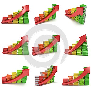 3d colored stack of books bar graph chart with red arrow