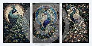 3d colorful peacock wallpaper with multicolor glass in the mosaic background. wall art decor