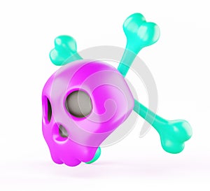 3d colorful skull with crossbones isolated on white background. Warning danger sign in shape of human skeleton face