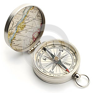 3D compass with map isolated on white background