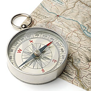 3D compass with map isolated on white background