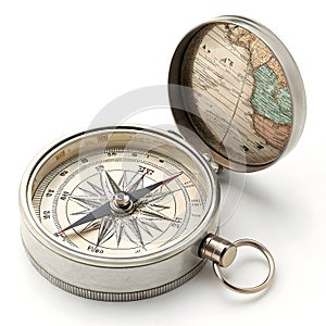 3D compass with map isolated on white background