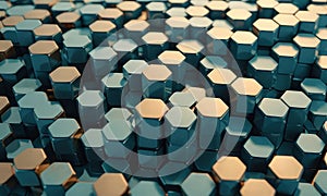 3D complex pattern blue and gold hexagonal shapes, creating visually striking and intricate design.