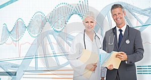 3D Composite image of portrait of male and female doctors with medical reports