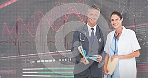 3D Composite image of portrait of male and female doctors with medical reports