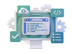 3D computer screen with coding and cloud computing icons