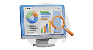 3D Computer Screen with Data Visualization and Magnifying Glass