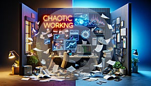 3D Concept of Chaotic Working and Organized Career Cushioning photo