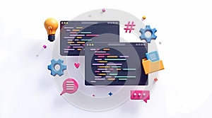 3D Concept of Coding Interface with Programming Tools and Innovation Icons