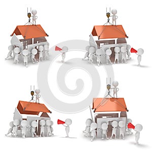 3D construction guys building a house.