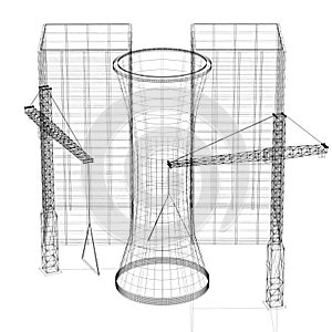 3D construction site, office buildings - wireframe