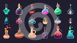 The 2D cork antidote phial isolated wizard rpg gui sheet concept of a magic potion bottle animation with spill. Fantasy photo