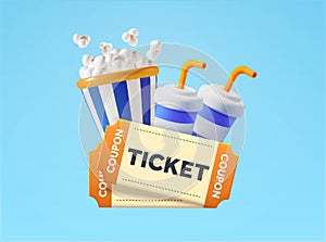 3d couple movie coupon tickets, paper glass drinks, popcorn, isolated on background. Concept for theatre, entertainment