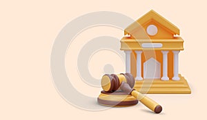 3D court building and judges wooden gavel with stand. Sentencing photo