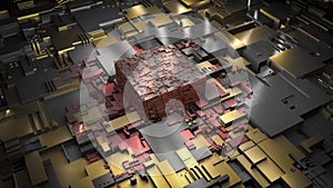 3d cpu processor chip background. Technological abstract illustration of microcircuit and microchip computer. Artificial