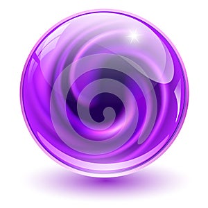 3D crystal sphere, purple glass ball with abstract spiral marble shape inside