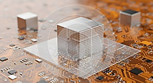 3D Cube on Circuit Board Technology, Data, Digital, Innovation