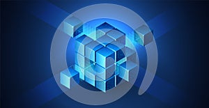 3D cube data background illustrating technology and blockchain network structure. Abstract geometric blocks for AI systems