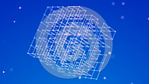 3D cube of lines and dots. Wireframe polygonal element on dark background. Science and technology. 3d rendering