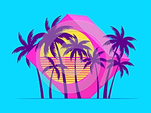 3d cube with palm trees at sunset in the style of the 80s. Futuristic advertising banner with palm trees in virtual reality,