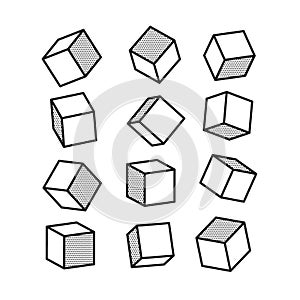 3D cube in pop art style in black and white, vector