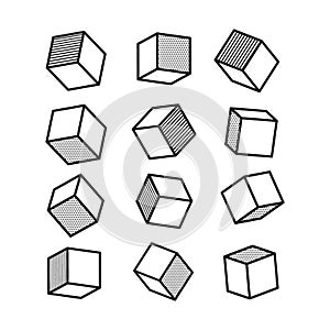 3D cube in pop art style in black and white, vector