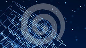 3D cube structure with connected dots and lines. Wireframe construct. Technological concept of background. 3d