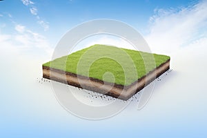 3D cubical beautiful grass land with soil geology cross section, 3D Illustration ground ecology isolated on blue sky