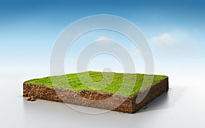 3D cubical grass land with soil geology cross section photo