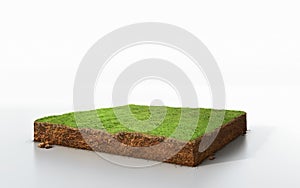 3D cubical grass land with soil geology cross section photo