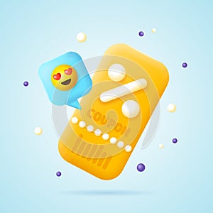 3d Cupon with Yellow Emoji on Speech Bubble Concept Cartoon Style. Vector photo