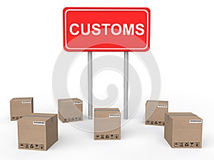 3d customs sign board with shipping cartons photo