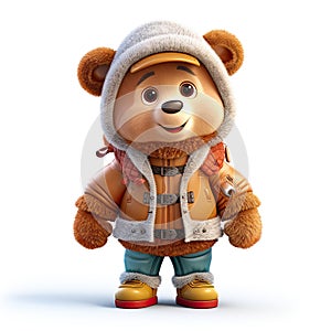 3D bear character dressed in a cozy winter coat, skillfully isolated against a clean white background. photo