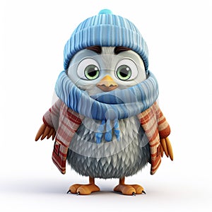 3D cute bird character dressed in a snug winter coat, photo